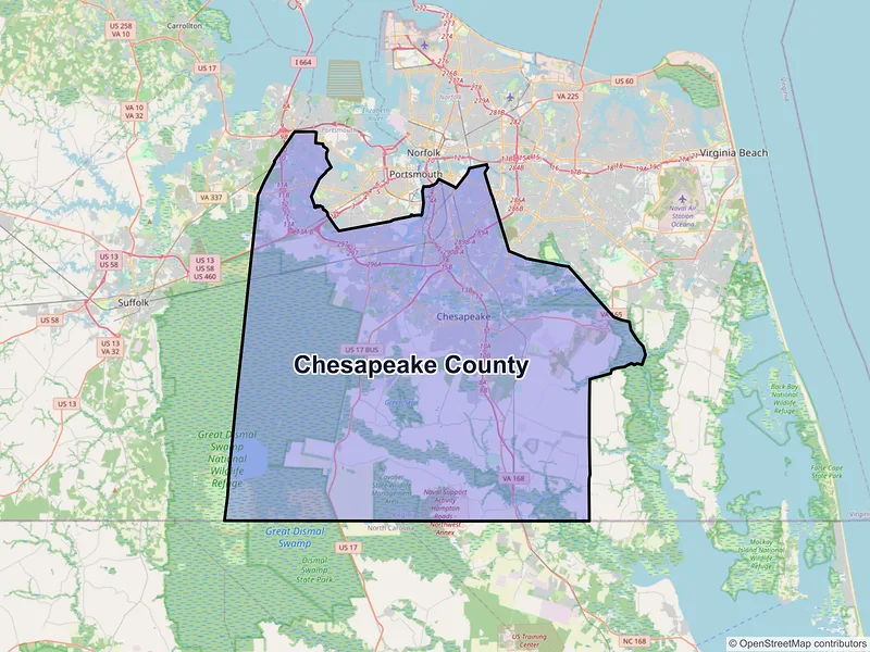 Map of Chesapeake County, Virginia and ZIP codes