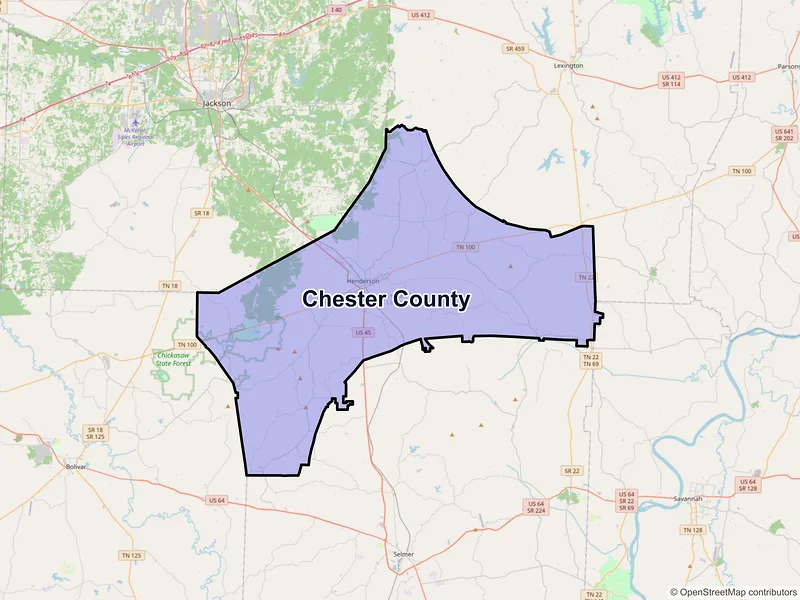 Map of Chester County, Tennessee and ZIP codes