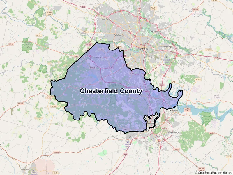 Map of Chesterfield County, Virginia and ZIP codes