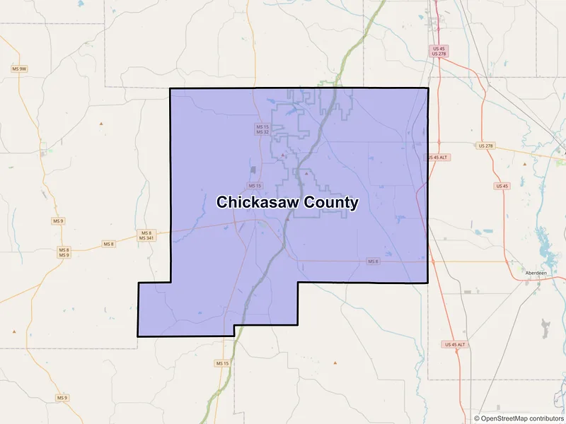 Map of Chickasaw County, Mississippi and ZIP codes