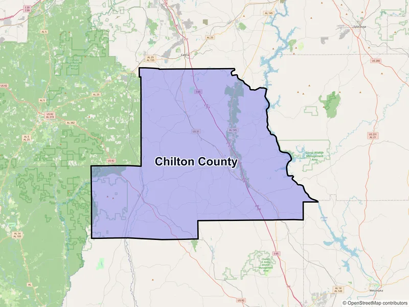 Map of Chilton County, Alabama and ZIP codes