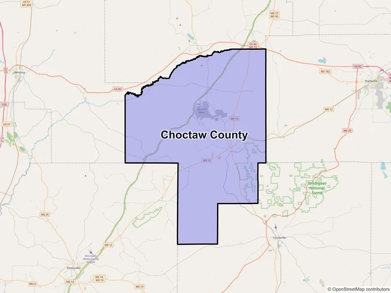 Map of Choctaw County, Mississippi and ZIP codes