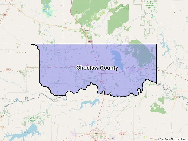 Map of Choctaw County, Oklahoma and ZIP codes