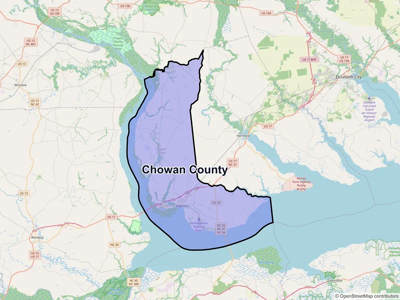 Map of Chowan County, North Carolina and ZIP codes