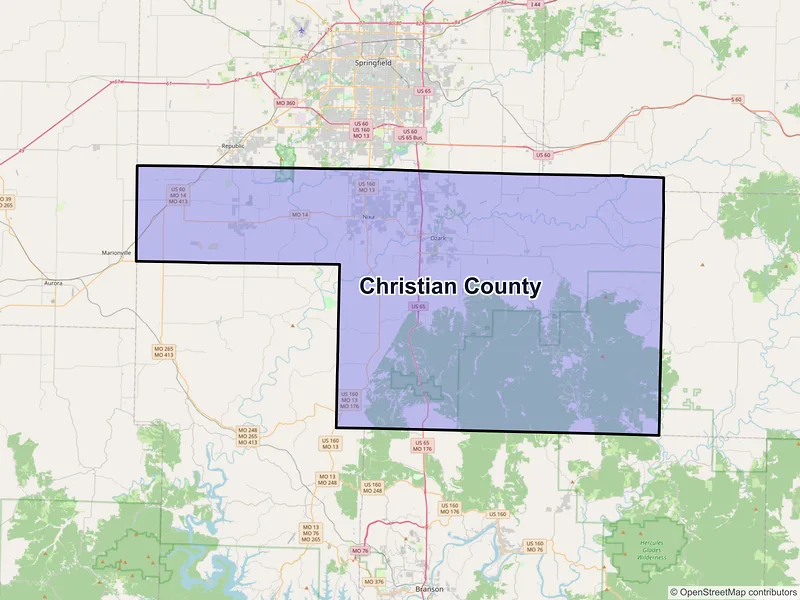 Map of Christian County, Missouri and ZIP codes
