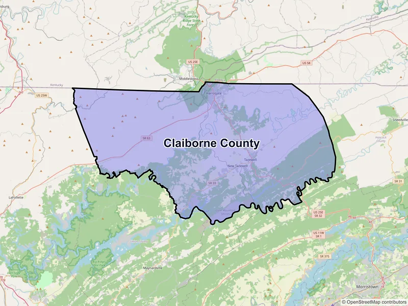 Map of Claiborne County, Tennessee and ZIP codes