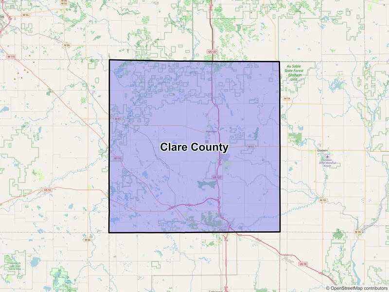Map of Clare County, Michigan and ZIP codes
