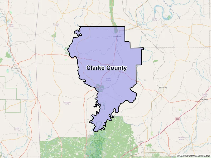 Map of Clarke County, Alabama and ZIP codes