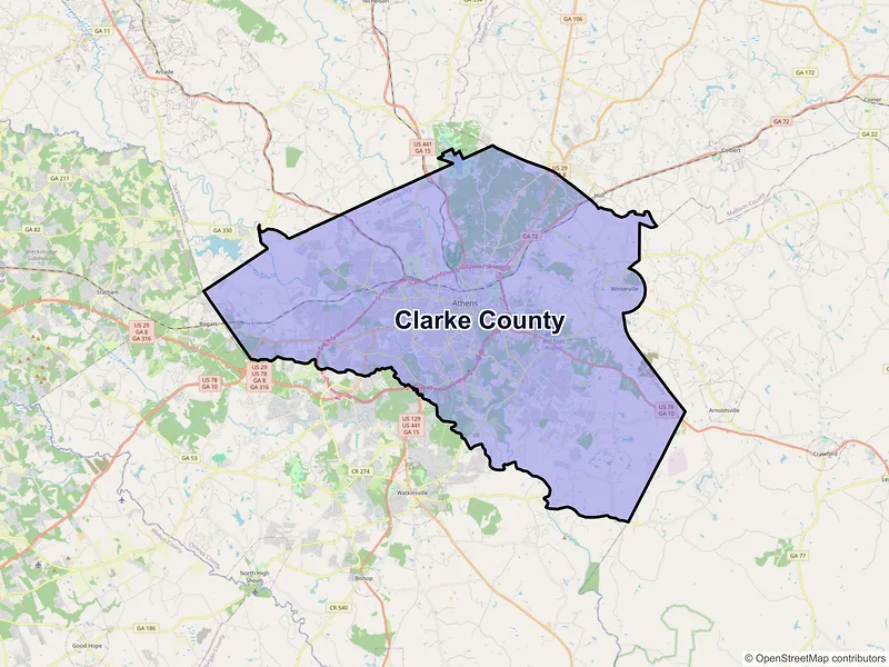 Map of Clarke County, Georgia and ZIP codes