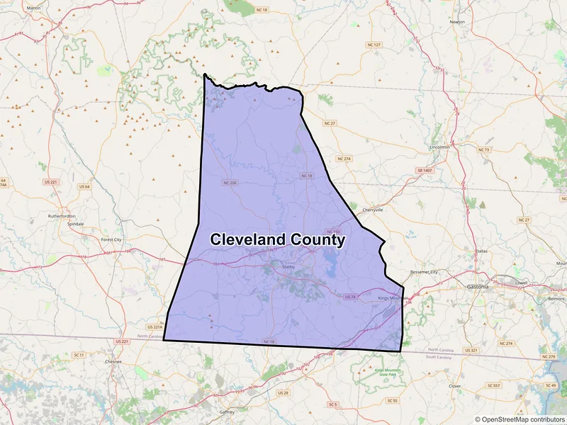 Map of Cleveland County, North Carolina and ZIP codes
