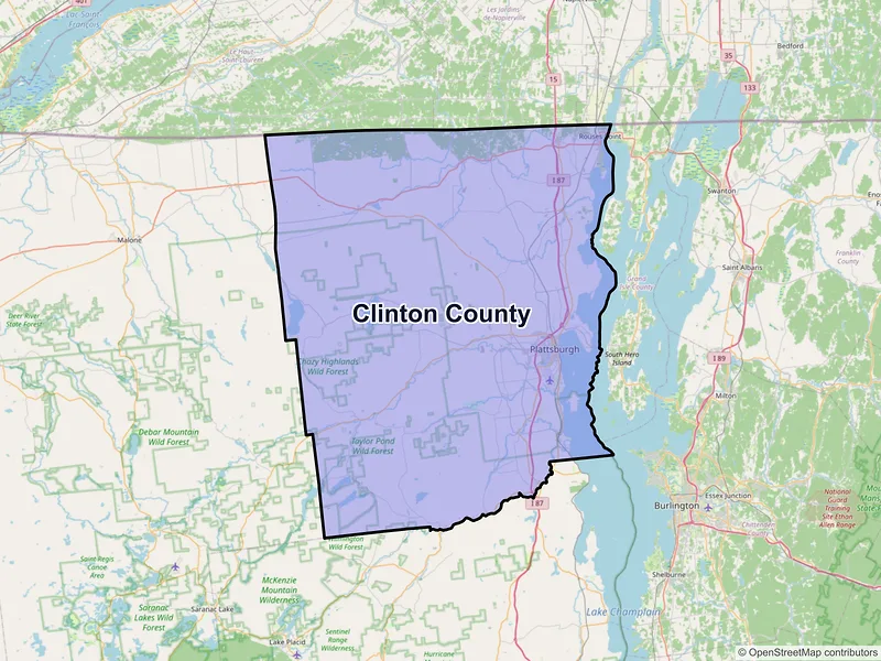 Map of Clinton County, New York and ZIP codes
