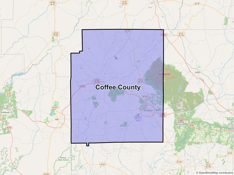 Map of Coffee County, Alabama and ZIP codes