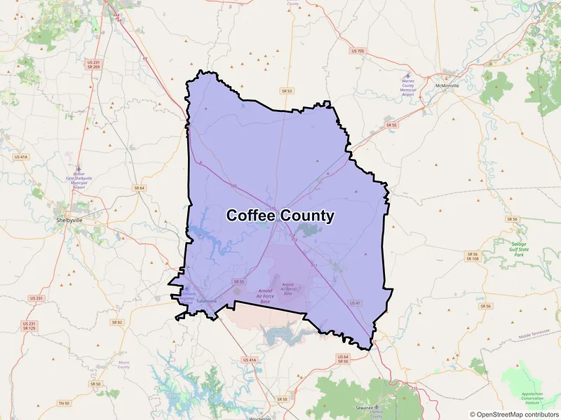 Map of Coffee County, Tennessee and ZIP codes