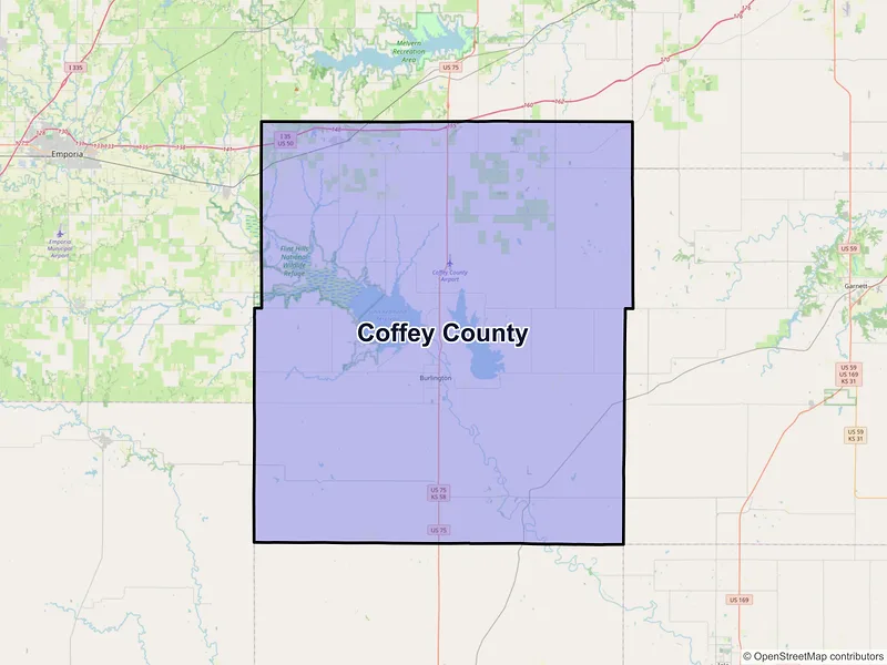 Map of Coffey County, Kansas and ZIP codes