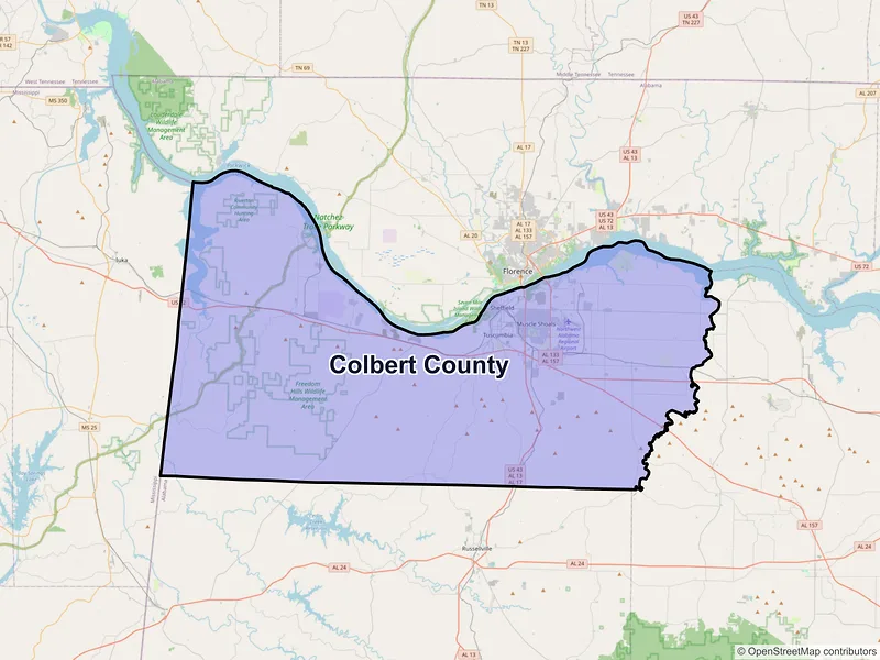 Map of Colbert County, Alabama and ZIP codes