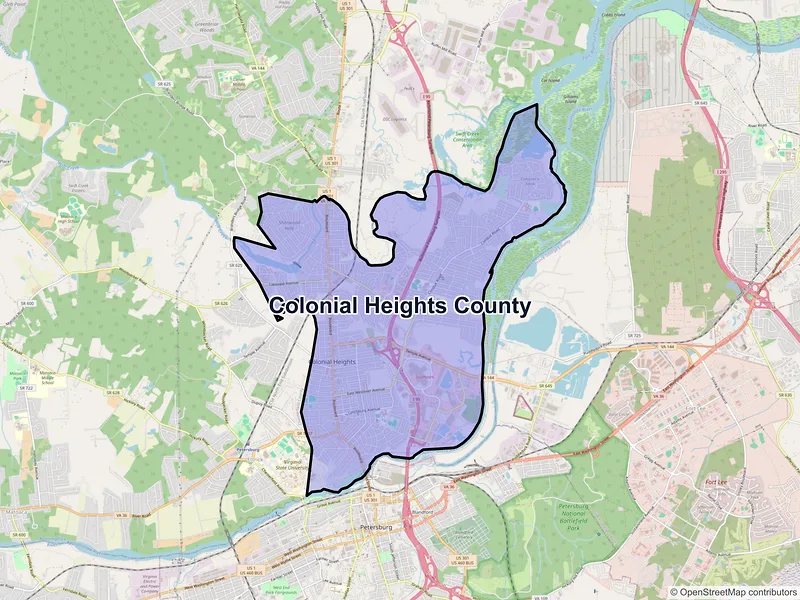 Map of Colonial Heights County, Virginia and ZIP codes