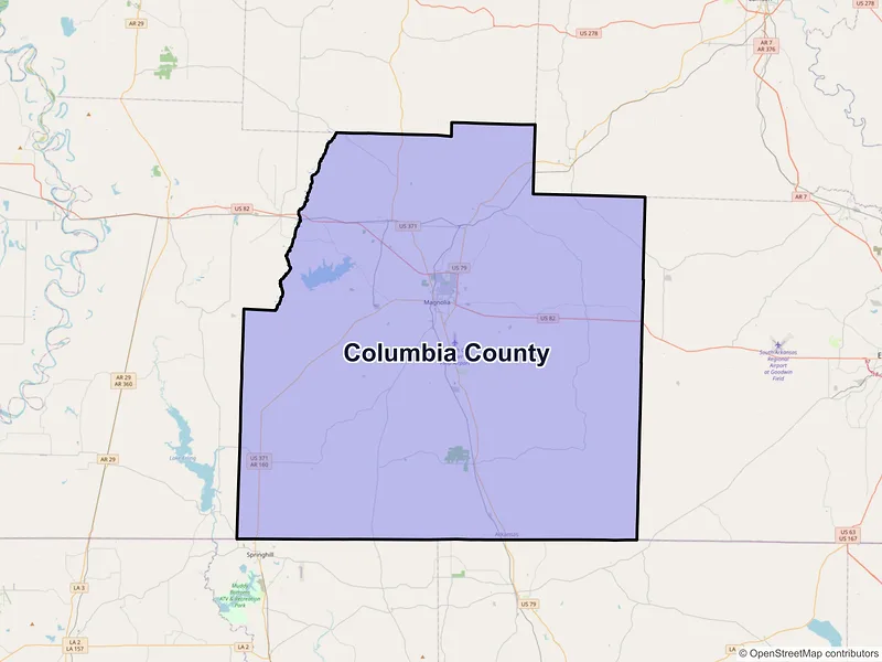 Map of Columbia County, Arkansas and ZIP codes