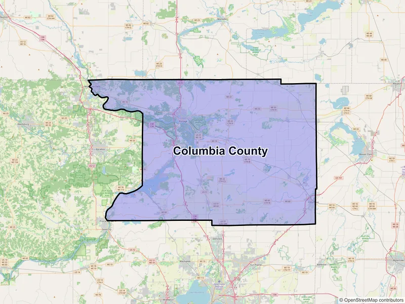 Map of Columbia County, Wisconsin and ZIP codes