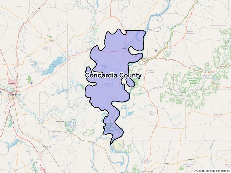 Map of Concordia County, Louisiana and ZIP codes