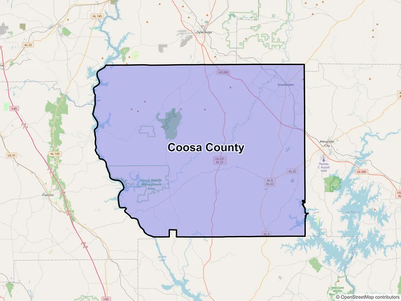 Map of Coosa County, Alabama and ZIP codes