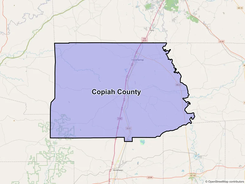 Map of Copiah County, Mississippi and ZIP codes