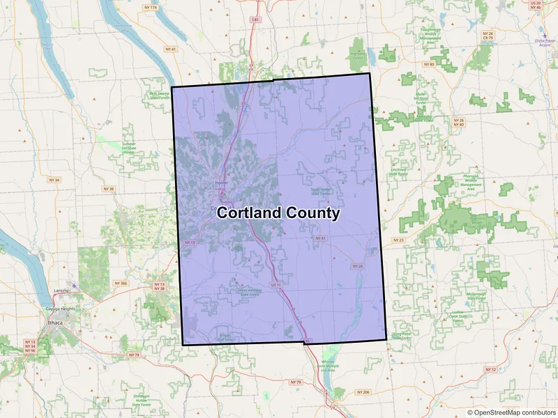 Map of Cortland County, New York and ZIP codes