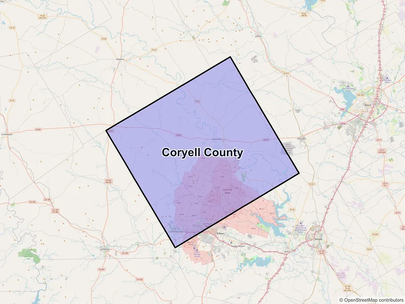 Map of Coryell County, Texas and ZIP codes