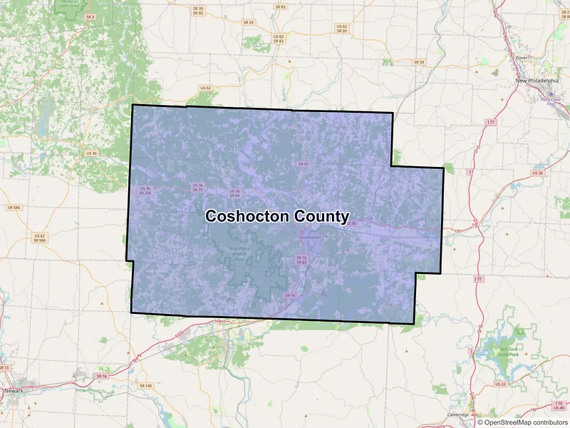 Map of Coshocton County, Ohio and ZIP codes