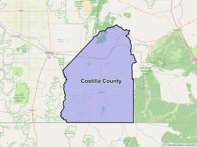 Map of Costilla County, Colorado and ZIP codes