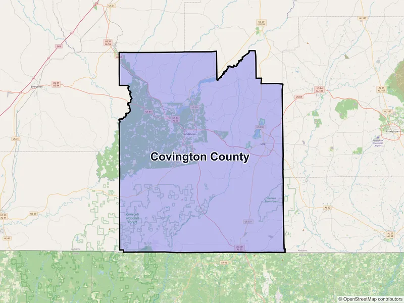 Map of Covington County, Alabama and ZIP codes