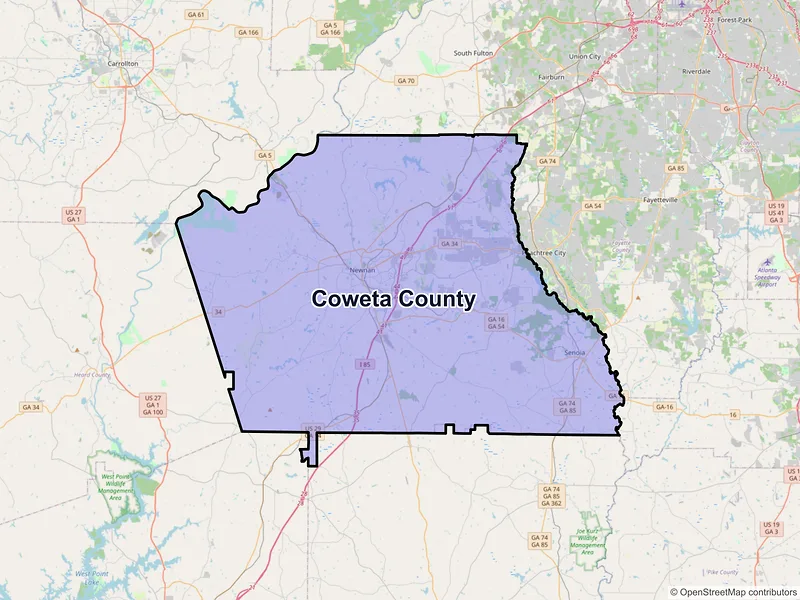 Map of Coweta County, Georgia and ZIP codes