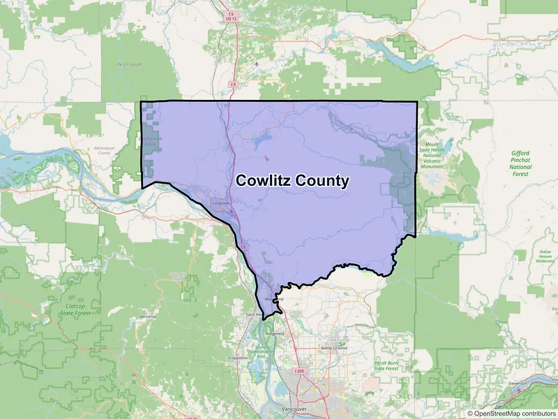 Map of Cowlitz County, Washington and ZIP codes