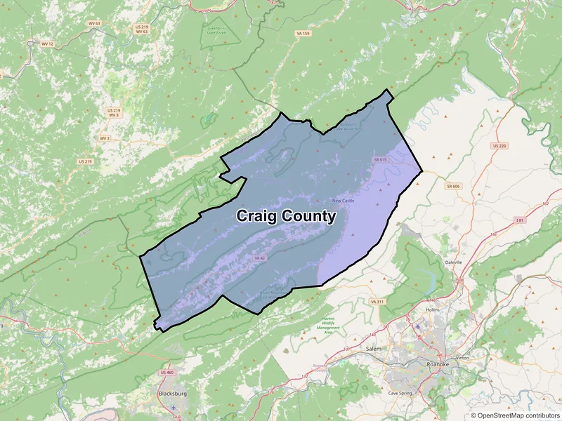 Map of Craig County, Virginia and ZIP codes