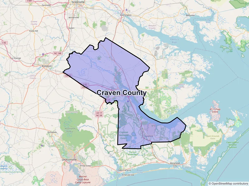 Map of Craven County, North Carolina and ZIP codes