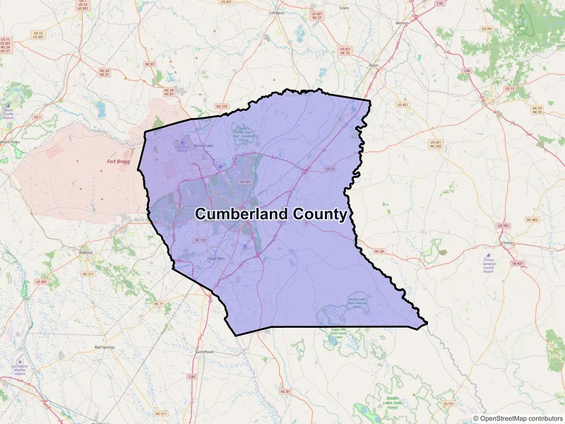 Map of Cumberland County, North Carolina and ZIP codes