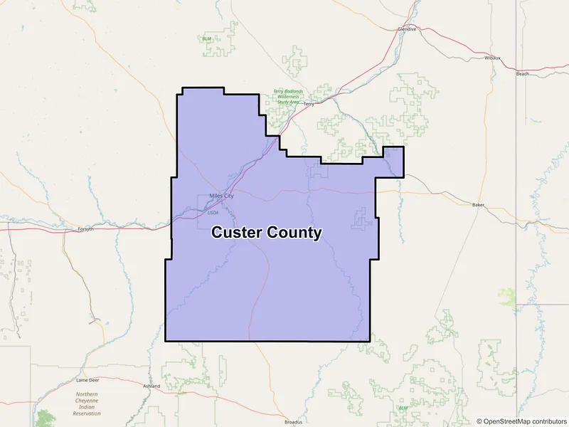 Map of Custer County, Montana and ZIP codes