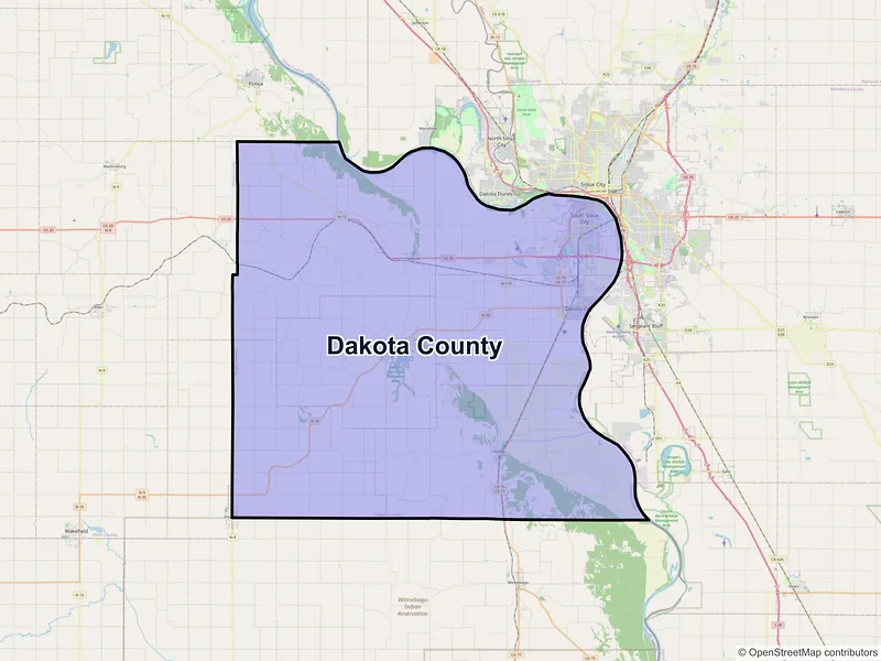 Map of Dakota County, Nebraska and ZIP codes