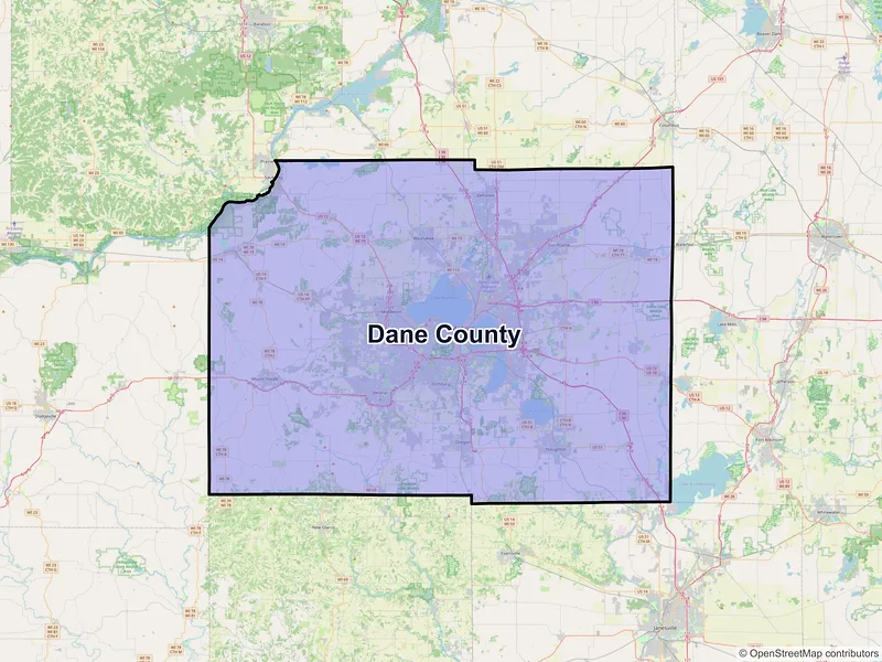 Map of Dane County, Wisconsin and ZIP codes