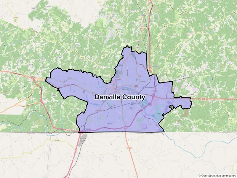 Map of Danville County, Virginia and ZIP codes