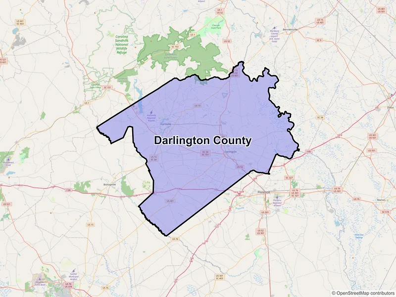 Map of Darlington County, South Carolina and ZIP codes