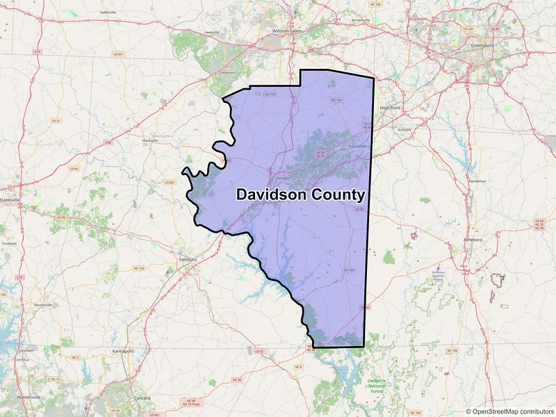 Map of Davidson County, North Carolina and ZIP codes