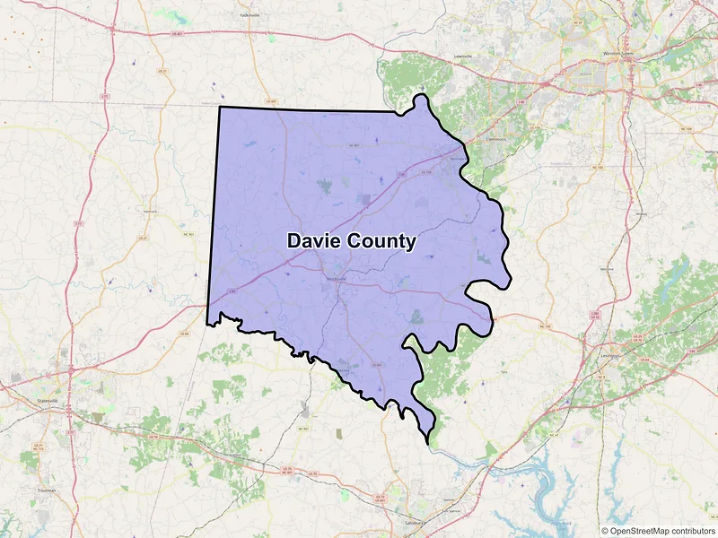 Map of Davie County, North Carolina and ZIP codes