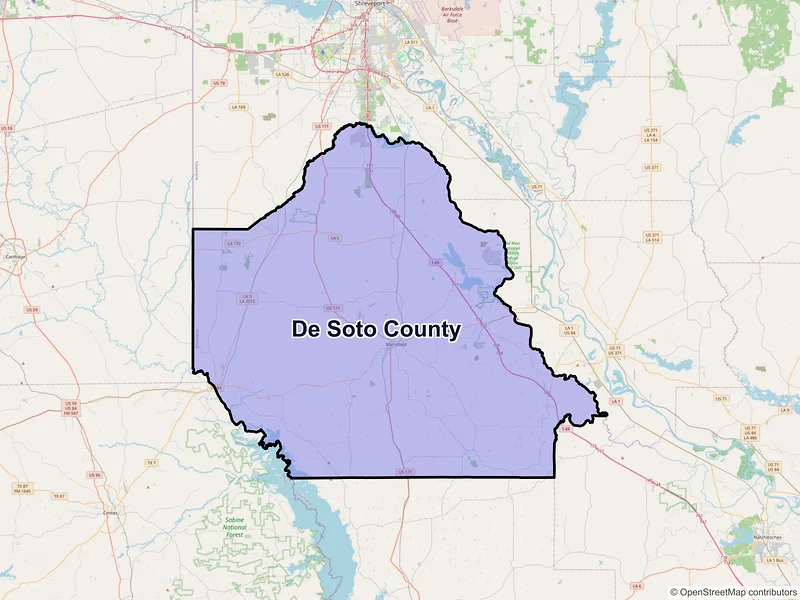 Map of De Soto County, Louisiana and ZIP codes