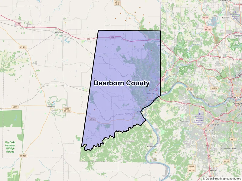 Map of Dearborn County, Indiana and ZIP codes