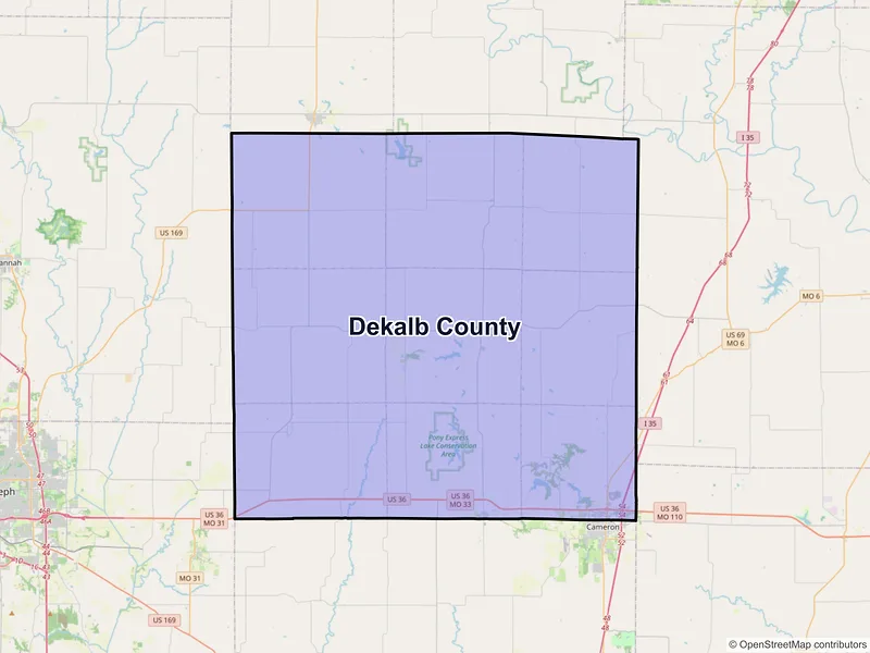 Map of DeKalb County, Missouri and ZIP codes