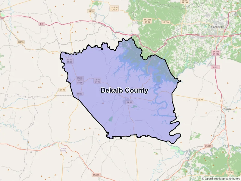Map of DeKalb County, Tennessee and ZIP codes