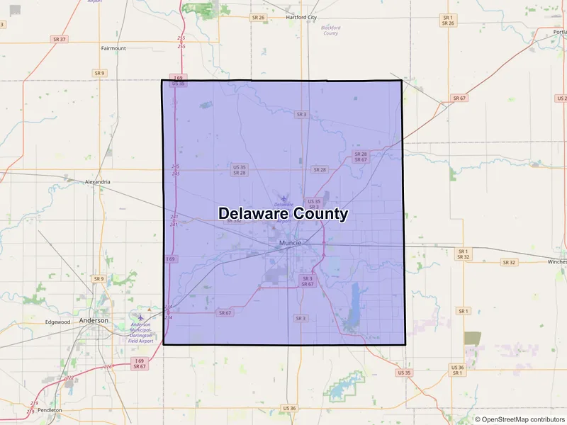 Map of Delaware County, Indiana and ZIP codes