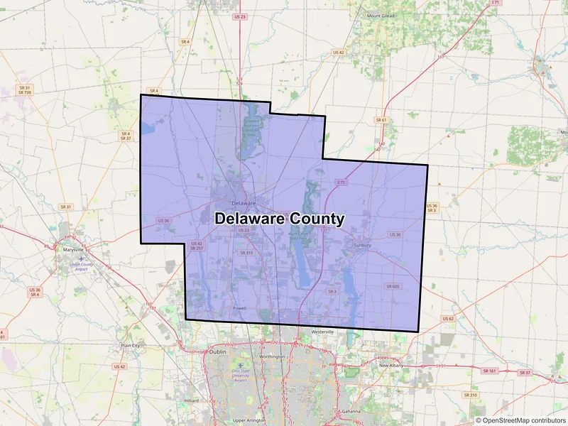 Map of Delaware County, Ohio and ZIP codes