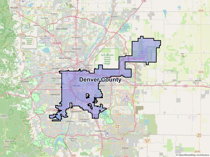 Map of Denver County, Colorado and ZIP codes