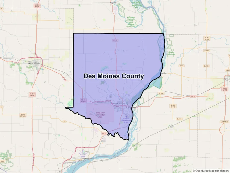 Map of Des Moines County, Iowa and ZIP codes
